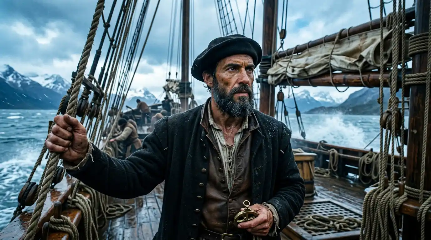 Portrait of Ferdinand Magellan aboard a sixteenth-century sailing ship in rough seas