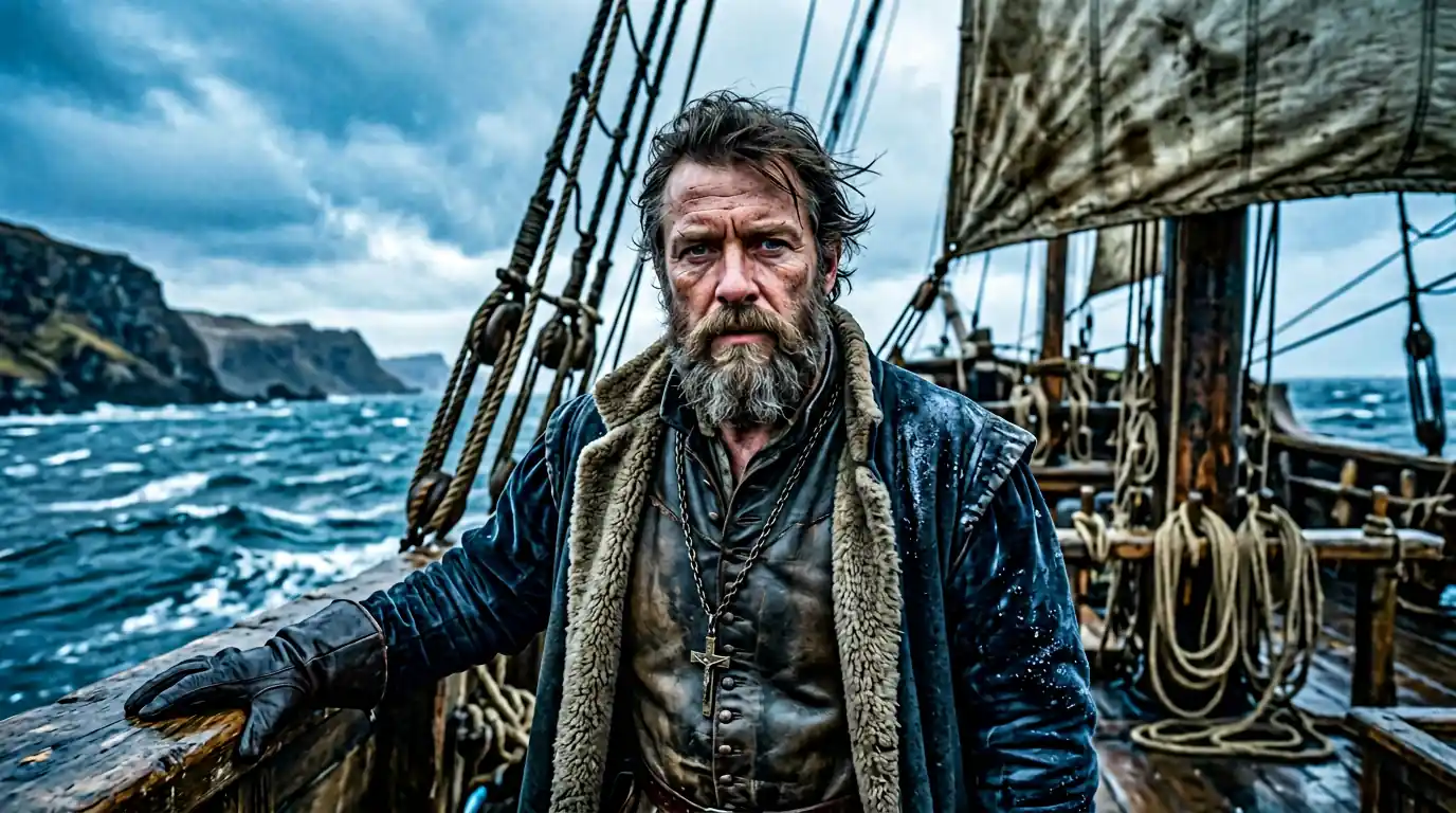 Historical portrait of Ferdinand Magellan aboard a sailing ship in rough southern waters