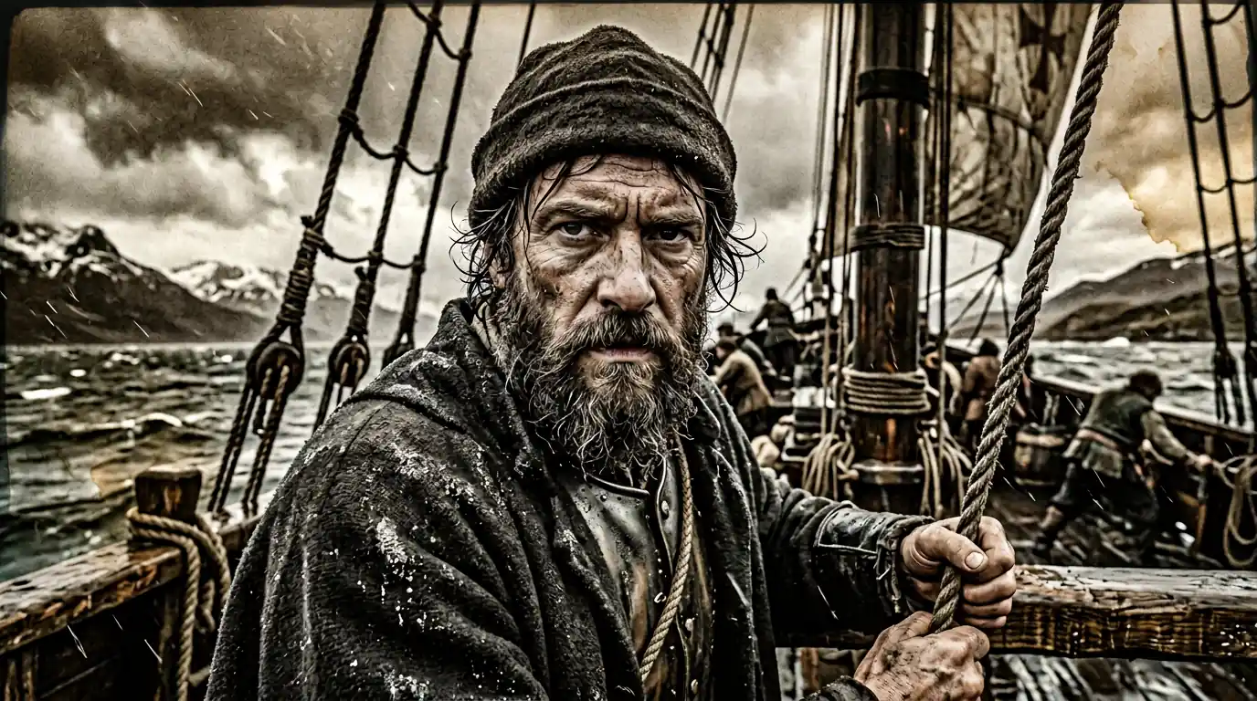 Gritty black and white portrait of Ferdinand Magellan aboard the Victoria