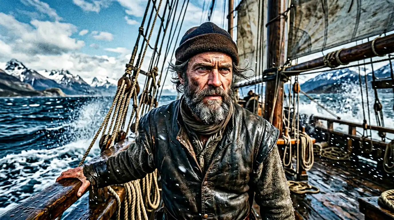 Portrait of Ferdinand Magellan on deck with bright blue skies and sea spray