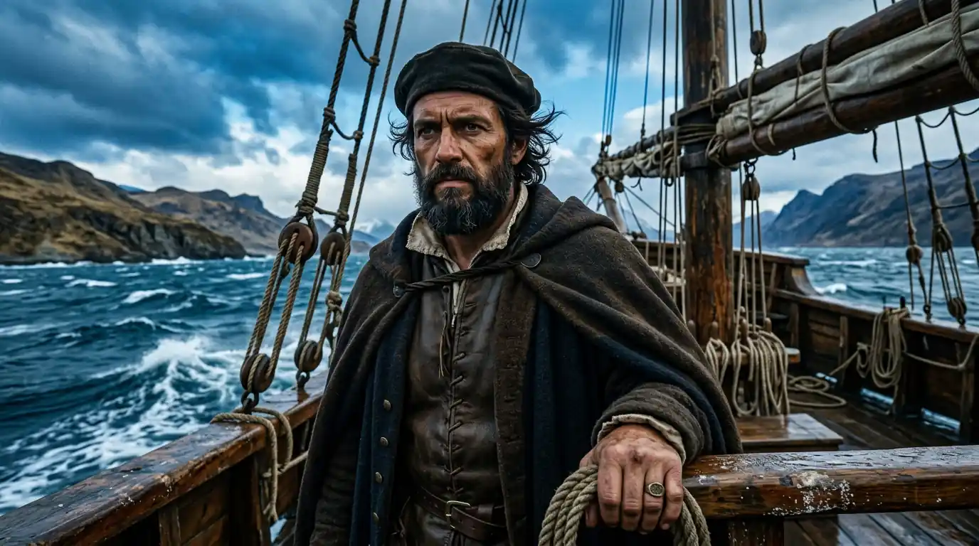Portrait of Ferdinand Magellan on deck with stormy blue skies behind him