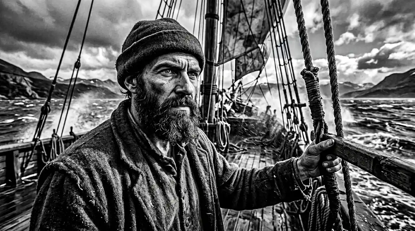 Weathered explorer gripping rigging aboard an old ship in dramatic seas