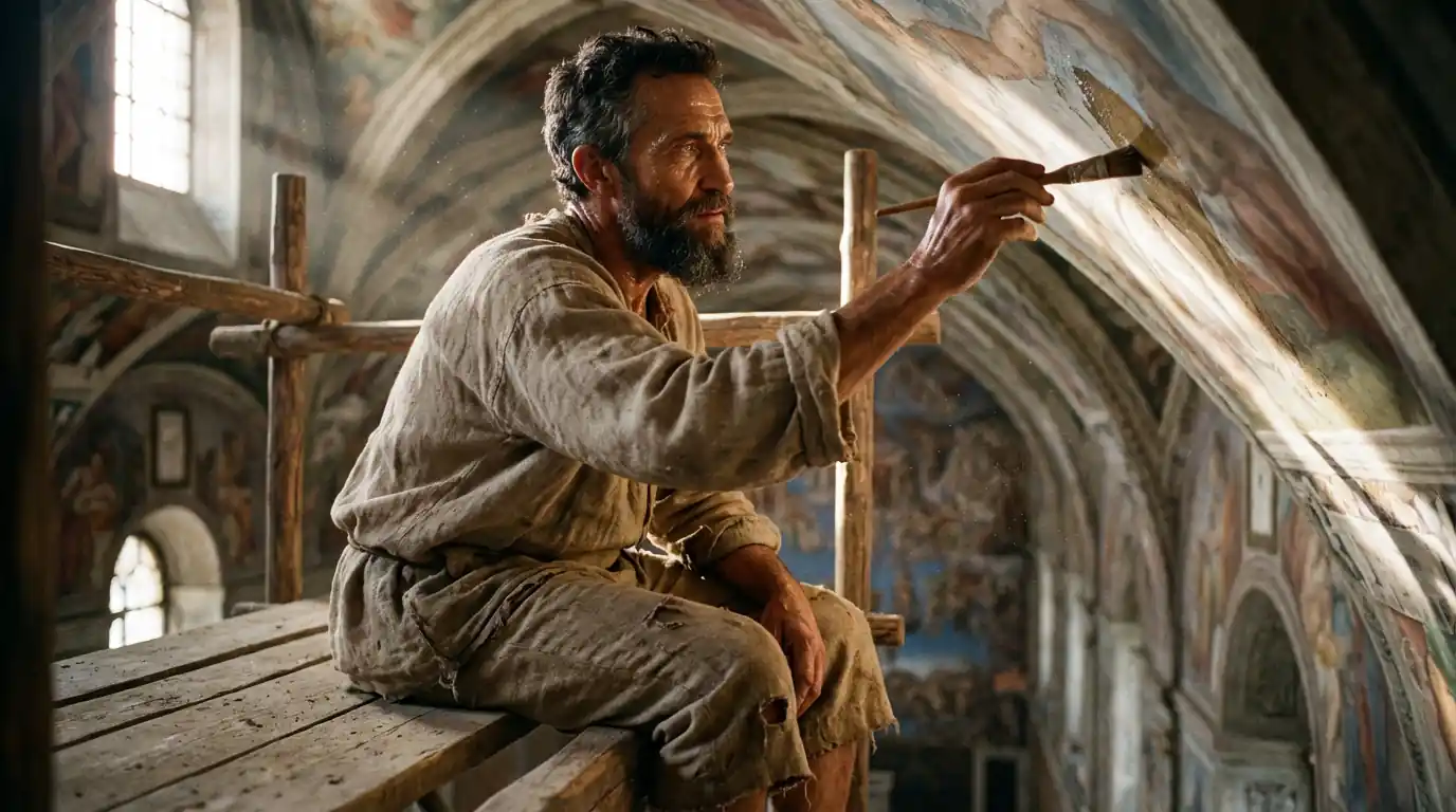 Photographic-style portrait of Michelangelo on scaffolding beneath the Sistine Chapel vault, close-up, brush toward plaster, dramatic side light, 16:9 scene
