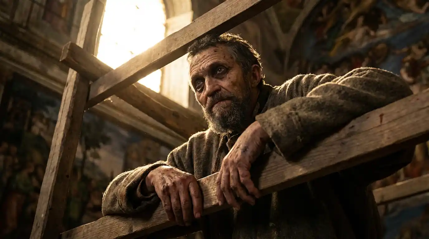 Tighter portrait of Michelangelo on scaffold, paint-stained hands and upward gaze, strong rim light and Dutch angle, Sistine Chapel implied above