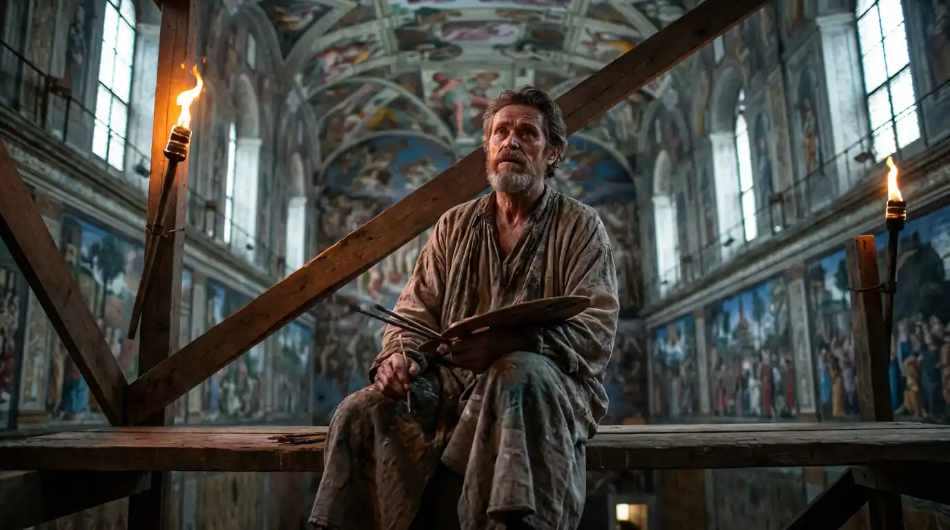 Michelangelo seated on the scaffold platform, palette and tools, mix of warm and cool light, strong diagonal scaffold lines, chapel depth behind