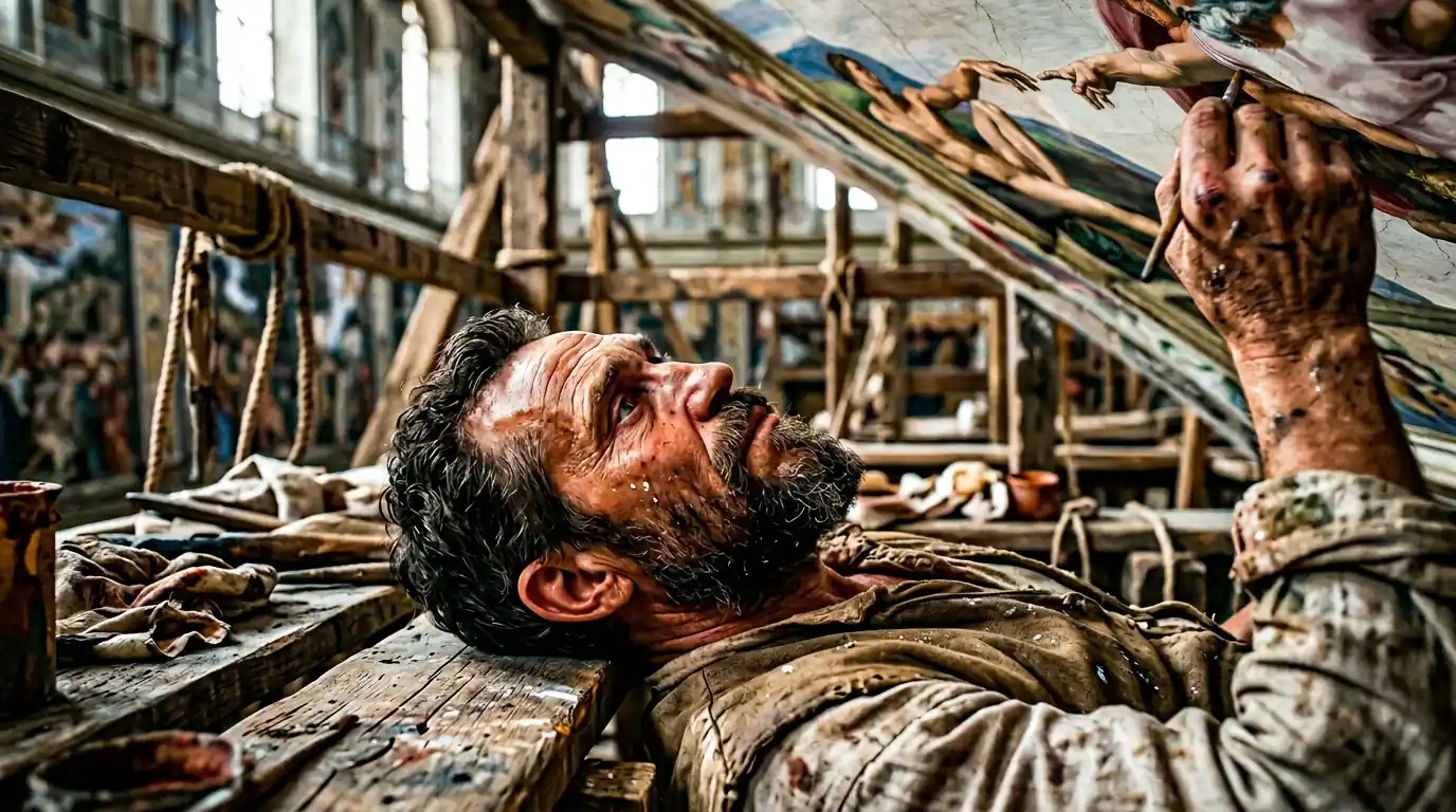 Close facial study: Michelangelo reclined on scaffold painting the vault; profile to three-quarter looking straight up, paint specks on skin, daylight from the ceiling, strained concentration