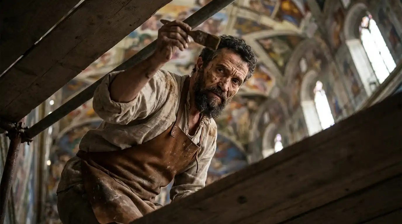 Low angle on scaffold: Michelangelo’s pigment-smudged face, one brow raised, staring straight into the camera as if interrupted mid-stroke; diagonal planks and chapel vault bokeh